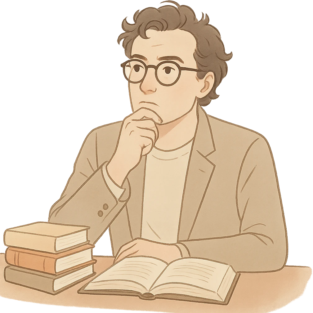 a philosopher thinking, modern style, glasses, sitting at a desk with books, pondering, soft colors emoji