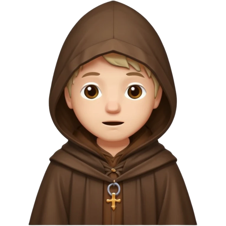 vorrei un piccolo buffo pellegrino medievale con abito e cappuccio marrone sotto la pioggia in stile stickers  emoji