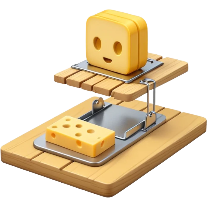 A 3D emoji in iOS emoji aesthetic style of a small mousetrap on a wooden base with a tiny gray mouse approaching a small piece of yellow cheese on it, minimal white background, bright lighting, clean and glossy Apple-style design emoji
