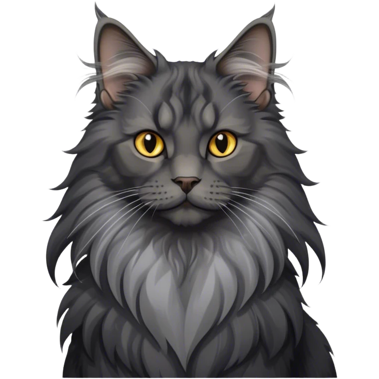 Portrait of a black smoke Maine Coon cat with long grey ear tufts and a large grey ruff around its neck. The cat has a majestic expression, with fluffy fur and striking eyes. Transparent background. emoji