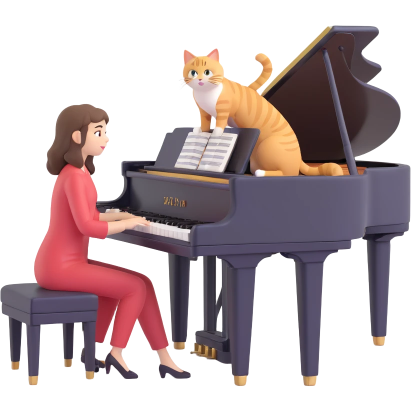 woman playing piano while her cat sits on top of the piano emoji