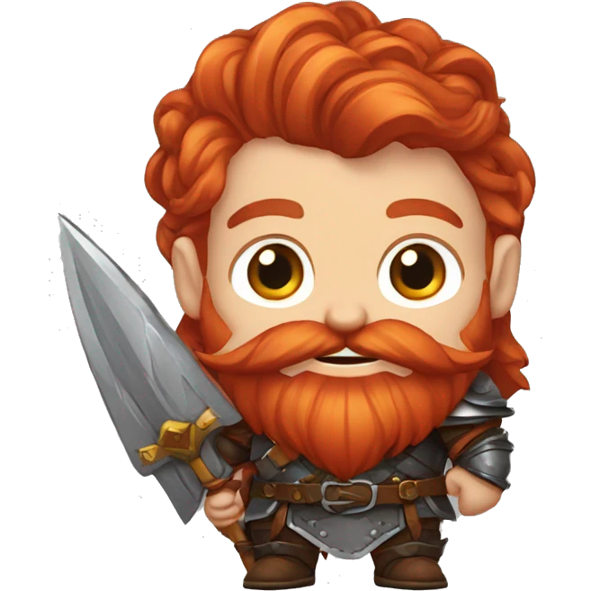 text for a sticker picture generator with a red-haired dwarf in his hands who has a bow with a braided mustache, dressed in leather armor, with a red beard, with red hair, in a fantasy style emoji