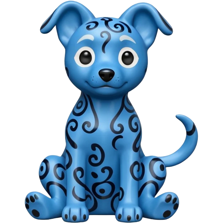 The image is of a small figurine of a blue dog. The dog is sitting on its hind legs with its front paws stretched out in front of it. The body of the dog is covered in a pattern of blue and black swirls, giving it a textured appearance.  emoji