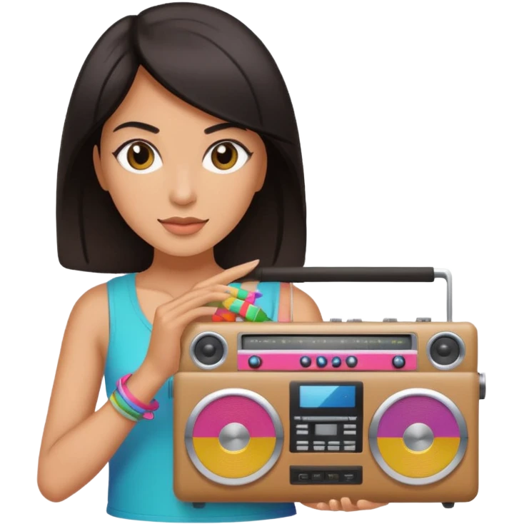 dar hair woman holding colorful boombox emoji