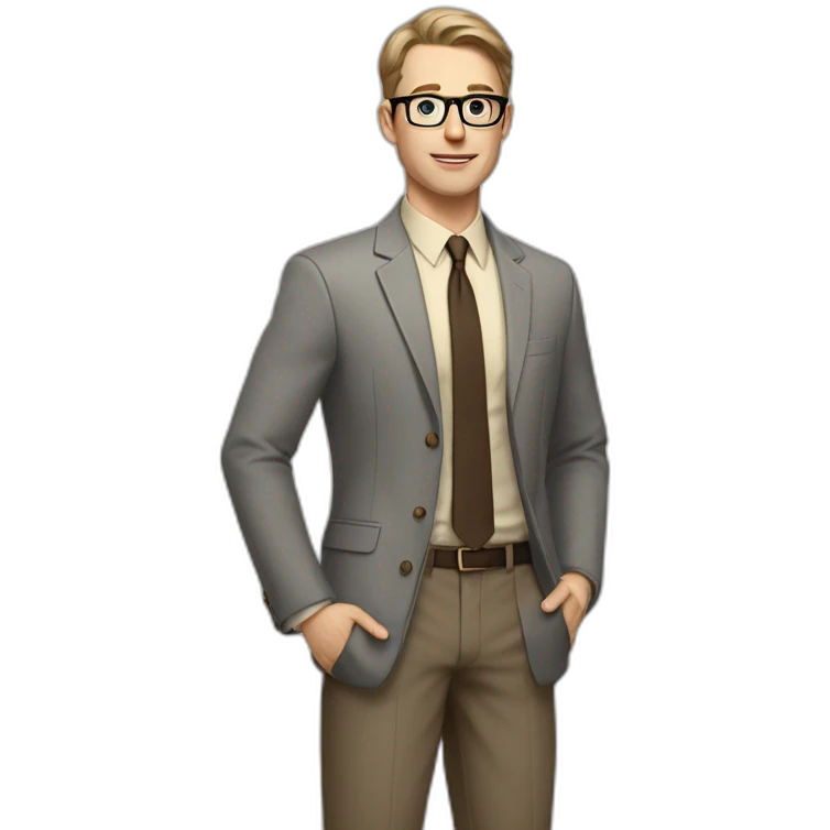 Full height Actively Gesturing Pale skinned fit man with dark brown hair in gray jacket, beige office shirt, brown tie, brown pants and vintage glasses. emoji