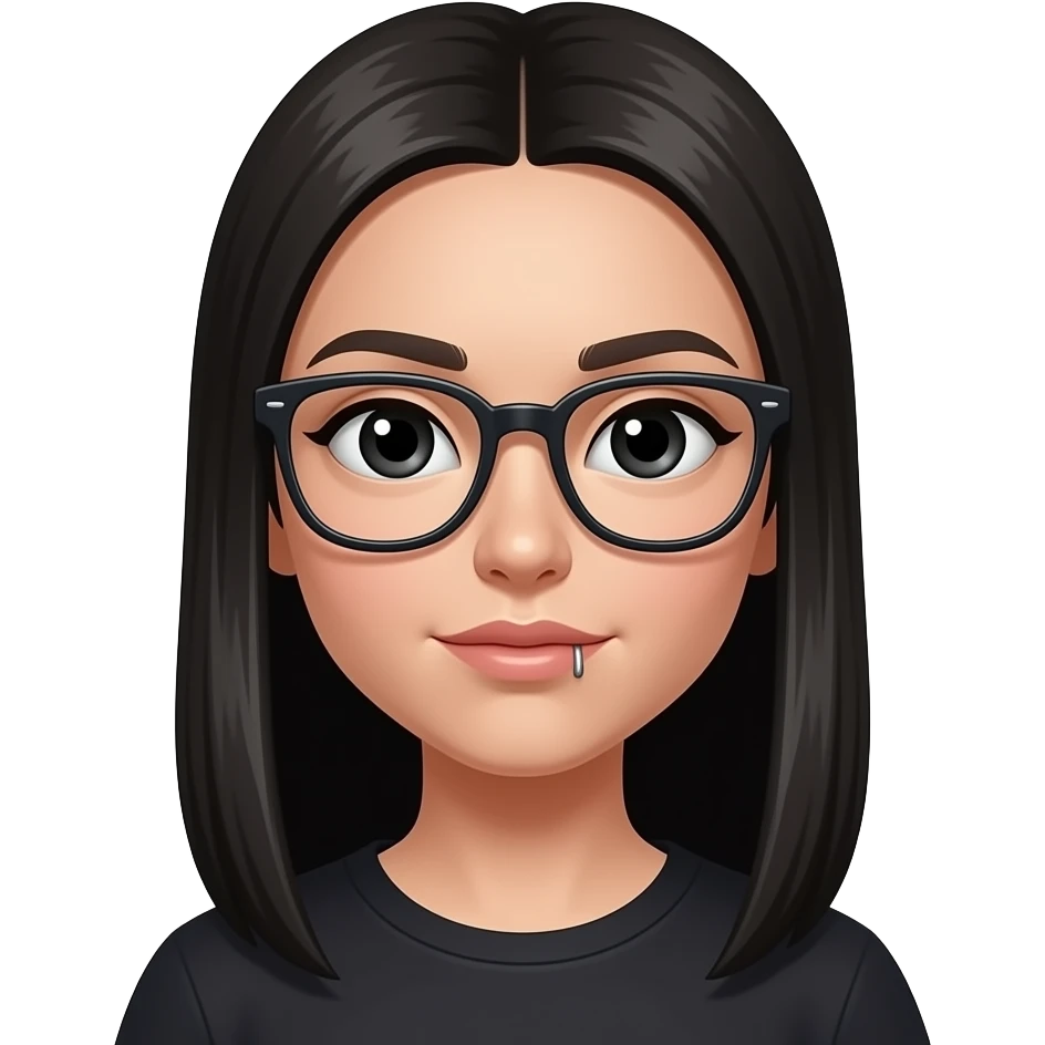 glasses, black eyes girls, tall straight hair, piercing on the right side of the nose emoji