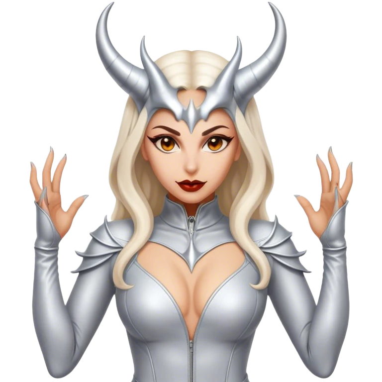 visually stunning image of an extremely detailed devil woman in a skin tight suit of light colored leather and intricate silver devil horns emoji