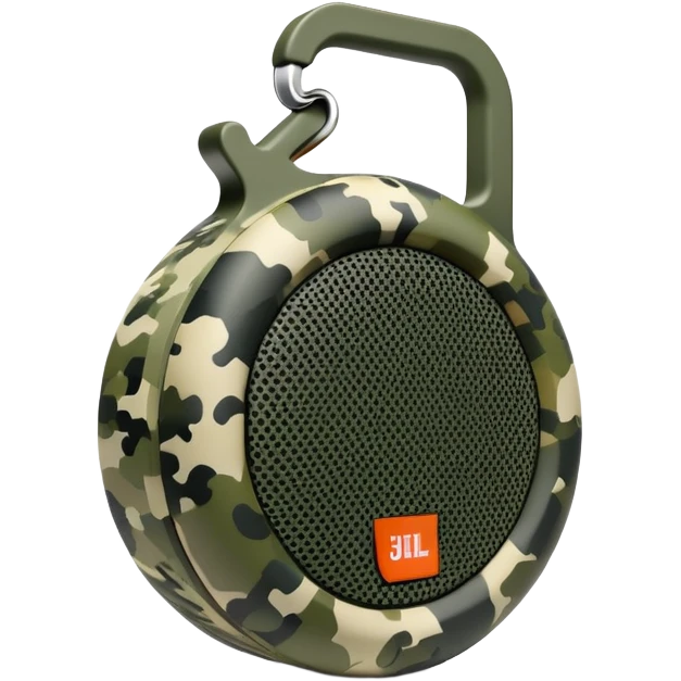 Minimalist JBL Clip 4 speaker with digital camouflage pattern, iOS emoji style emoji