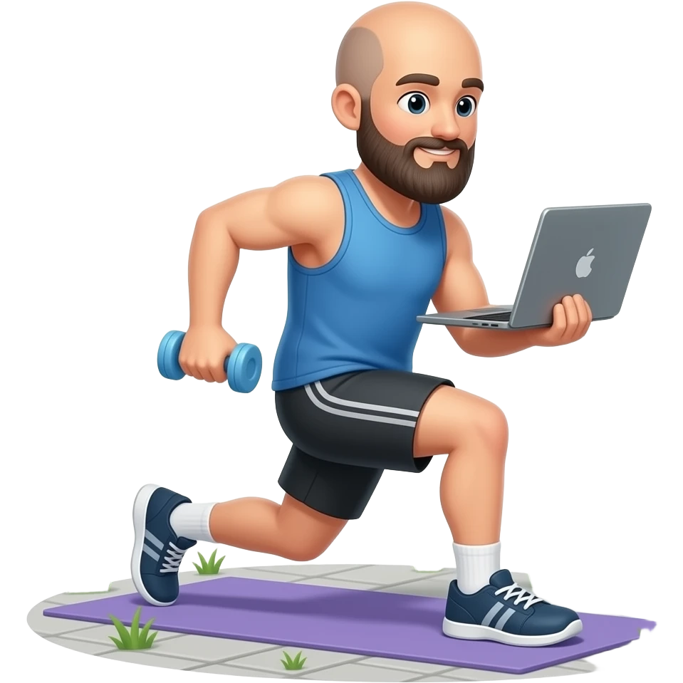 Bald guy with beard laptop plus outside equals workout emoji