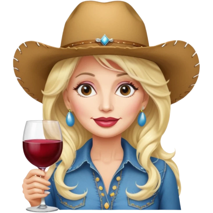 Dolly Parton with a huge glass of wine on a bachelorette trip and a cowboy hat and huge lips emoji
