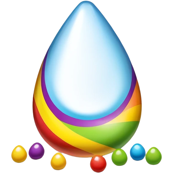 Minimal design of a Skittles package shaped like a teardrop with rainbow stripes and a few green round candies beside it. emoji