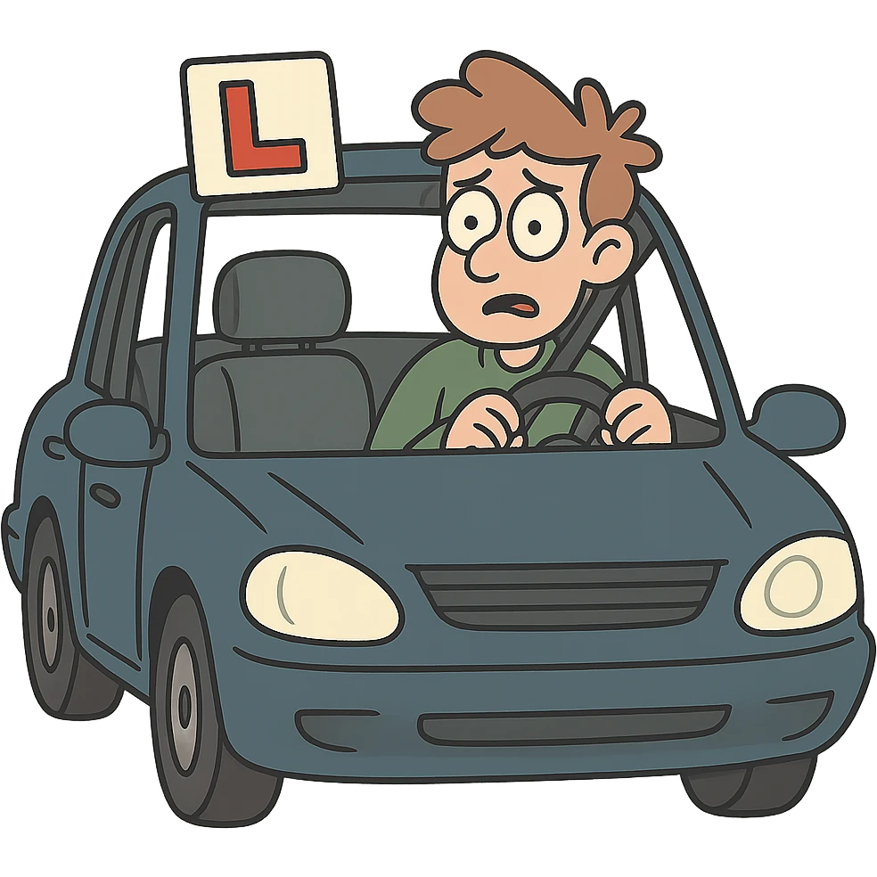 learner driver in a car with L-plate on windshield, cartoon style emoji