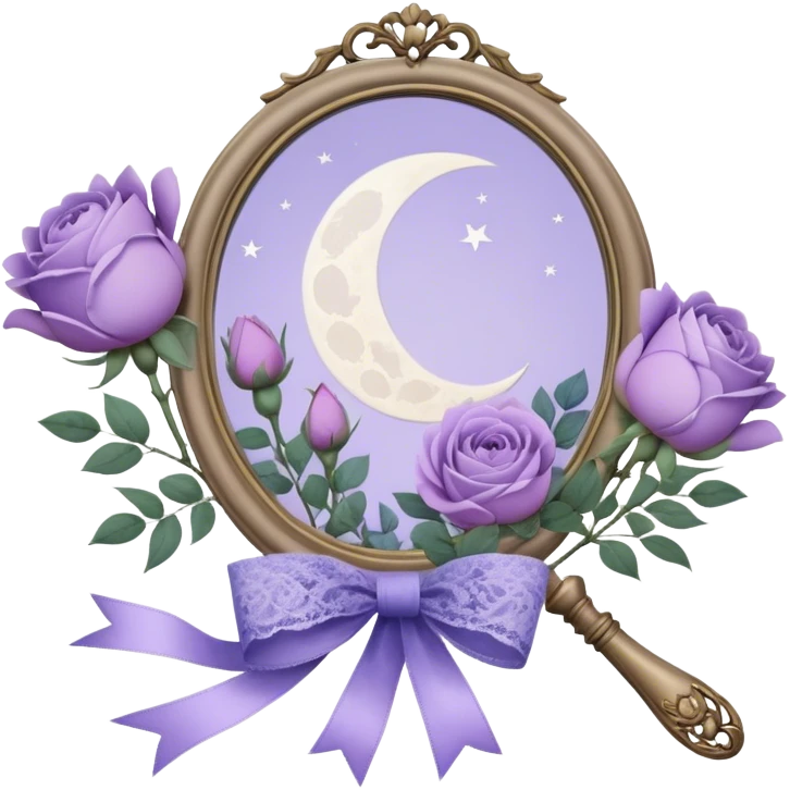 Under the soft light of a vintage brass lantern, a small bundle of lilac roses, indigo peonies, and delicate lavender sprigs is tied with a lace ribbon in a muted violet hue. Above, the sky is scattered with tiny silver stars, reflecting gently in the antique hand mirror with a moon-shaped handle beside the bouquet. emoji