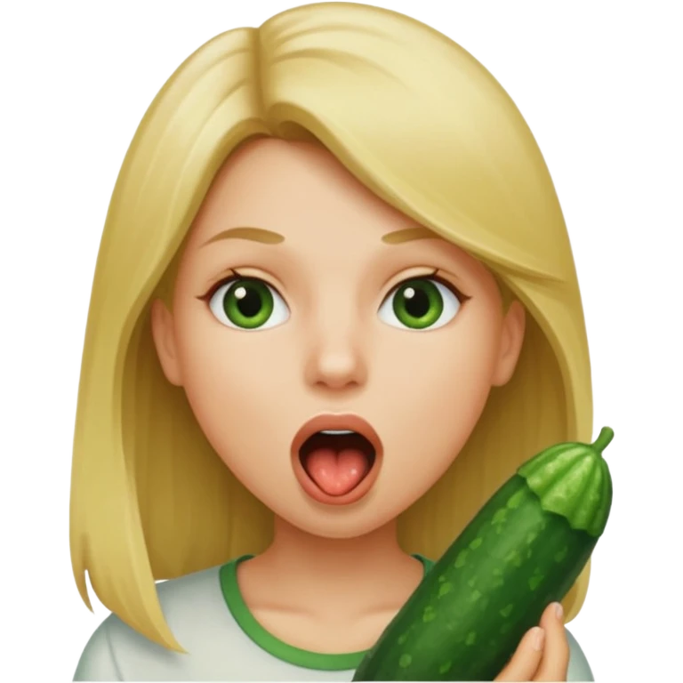 Girl mouth open. Cucumber going into her mouth straight. dirty blonde hair emoji