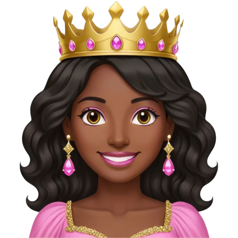 Crown dark black women smiling with really long lightly WAVY hair pink dress pink crown facing forward black hair middle age adult woman gold gems in crown gold earrings  one woman emoji
