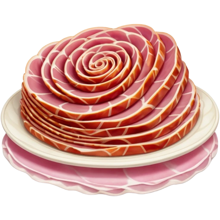 dry-cured ham thin folded slices deep pink to red white fat streaks silky translucent marbled folds curls creamy integrated fat no bread fruit plate faces clean 3D soft shadows transparent background emoji scale emoji