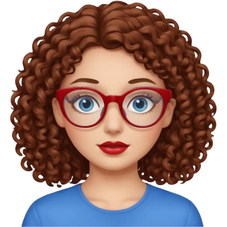 White girl with brown curly hair blue eyes red glasses and makeup emoji