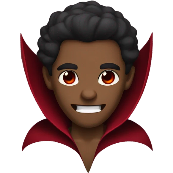 vampire, with brown skin red eyes, with fangs wearing a burgundy and red  cape emoji
