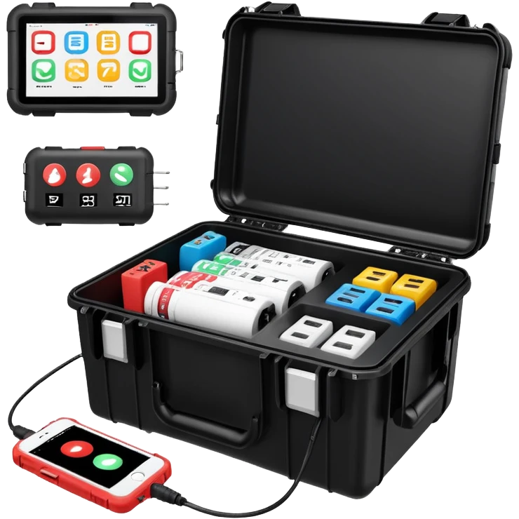 An open, black outdoor test case.Interior: control panel with colored test jacks, USB ports, and a power outlet. A red test probe is located next to it. On the left side of the case is a large roll of white, round test labels displaying QR codes.  emoji