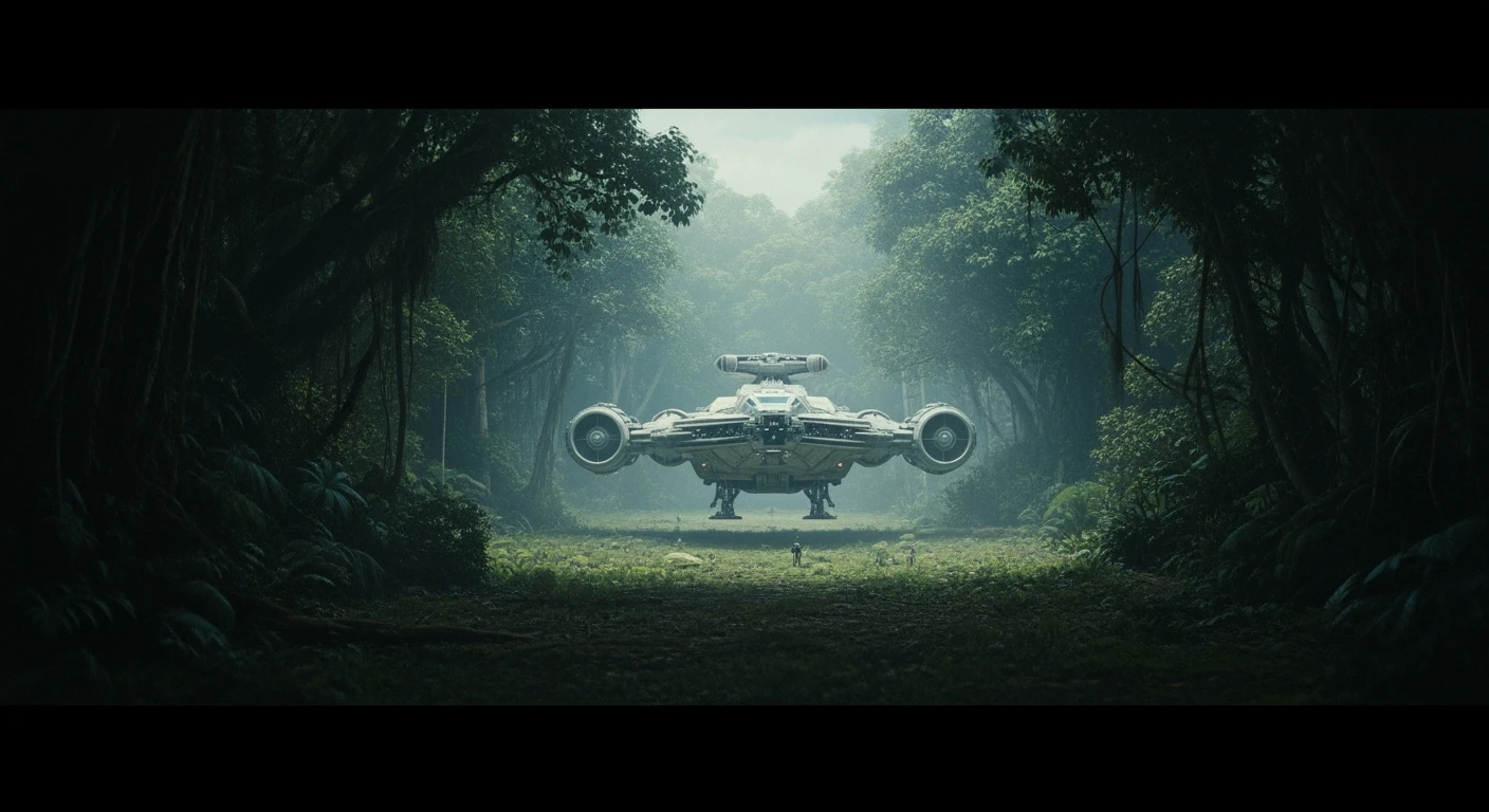 cinematic still, Medium shot, amazon jungle,  starship landing on ground, inspired by StarWars movie, captured by arri alexa emoji