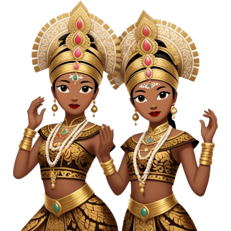 ​Cinematic Realistic Traditional Javanese Dancers, depicted as two graceful dancers in ornate traditional costumes with intricate batik patterns and elaborate headpieces, captured in dynamic poses during a ritual dance in an ancient temple courtyard, rendered with soft golden lighting and rich cultural textures, emoji