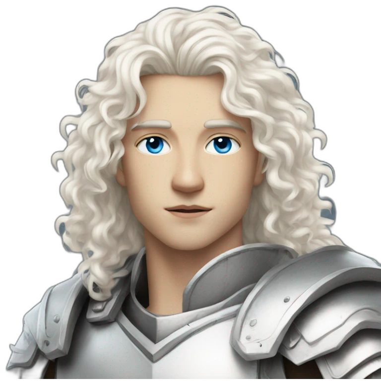 white androgynous guy white long curly hair armor blue eyes emoji