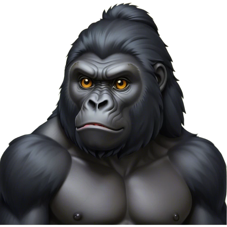 Cinematic Noble mountain Gorilla Portrait Emoji, Poised and majestic, with a powerful, muscular frame accentuated by a distinguished black and grey mane and piercing, wise eyes, Simplified yet sharp and sophisticated features, highly detailed, glowing with a soft, regal jungle glow, high shine, intelligent and commanding, stylized with an air of imperial strength, focused and resolute, soft glowing outline, capturing the essence of a watchful guardian that feels as though it could step out of the screen with effortless authority! emoji
