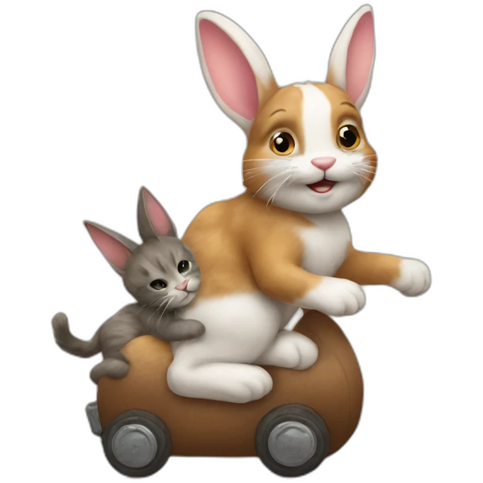 Bunny riding a kitty cat emoji