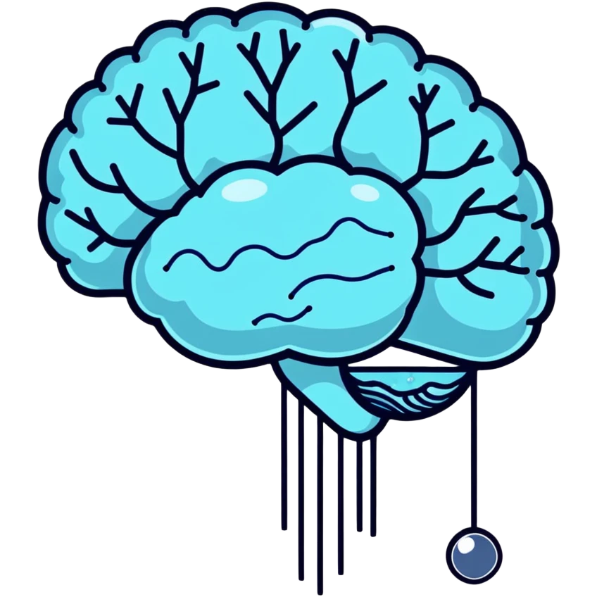 Cute sticker of a pearl and light blue capsule floating around a transparent brain with sparkling neural connections, surrounded by a gentle focus enhancing fog emoji