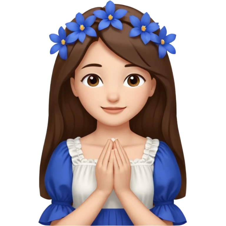Generate a girl with her eyes closed and smiling and Boht her hands under the chin, palms facing upwards. She should be wearing a white dress with cobalt blue flowers on the dress and puffed sleeves. She has ling straight hair. Only her face and chest is visible. emoji