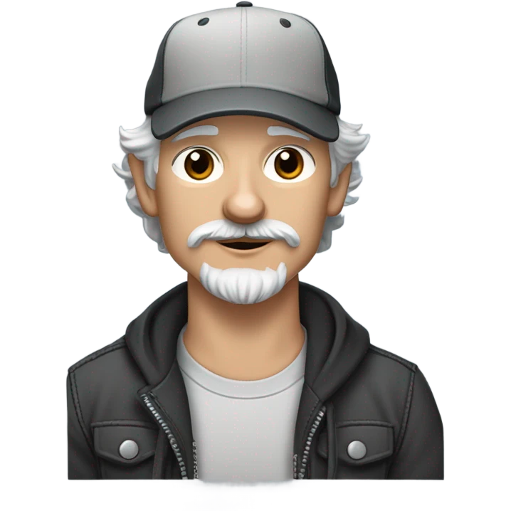 blue eyed gray haired gray goatee man in ball cap holding a black longhair chihuahua  emoji