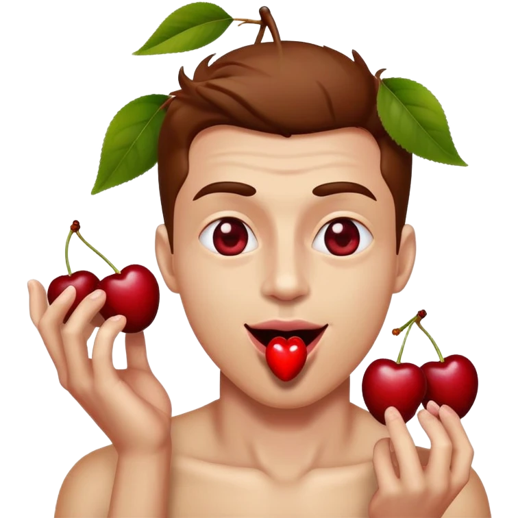 Man holding cherries with heart eyes and tongue sticking out looking at the cherries emoji