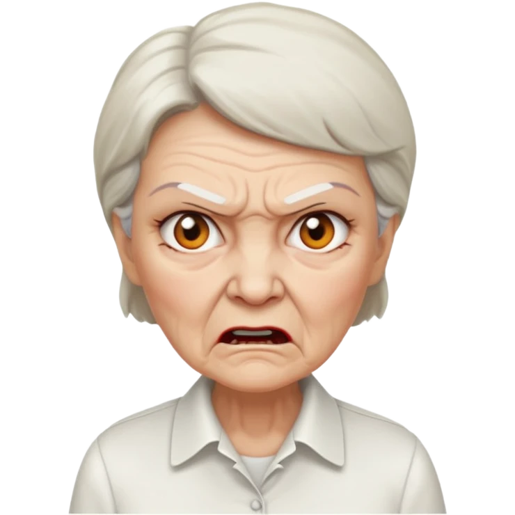 a portrait of angry elderly woman, wearing shirt emoji