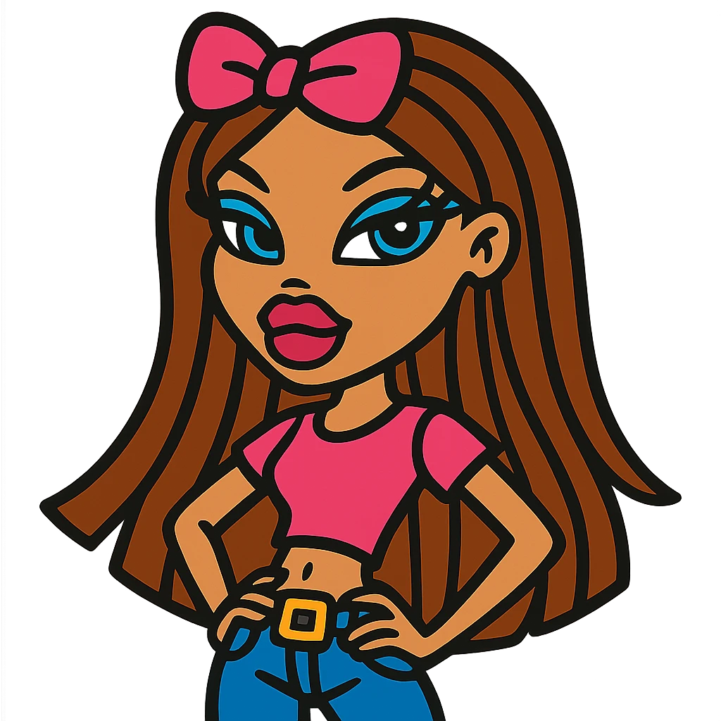 Bratz doll character with brown hair and a pink bow on her hair emoji