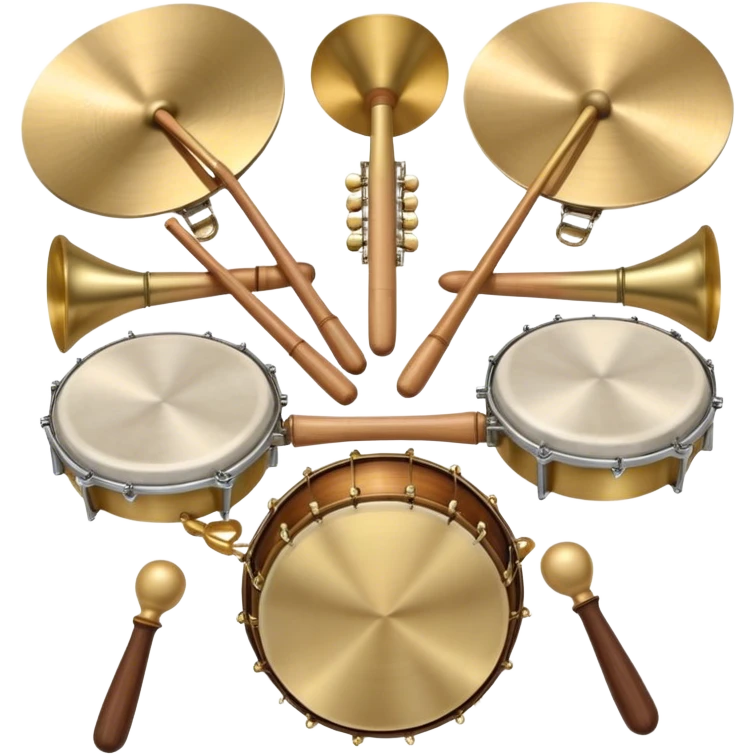 Create a heraldic, festive, and professional emblem-like emoji representing percussion instruments. The design should resemble a traditional crest, featuring a range of percussion instruments like cymbals, triangle, tambourine, maracas, timpani, and other traditional and folk percussion instruments. Arrange them symmetrically, with elements like cymbals crossing each other, a triangle at the center, and timpani or drums flanking the sides. The instruments should be depicted with metallic and wooden tones—shiny brass for cymbals, silver for the triangle, and rich wood or polished bronze for drums. Include ornate details like engraved patterns on the instruments, decorative swirls or laurels, and subtle accents to add elegance and festivity to the composition. The overall design should be cohesive, balanced, and visually striking, suitable for use as a prestigious emblem. The background should be transparent. emoji