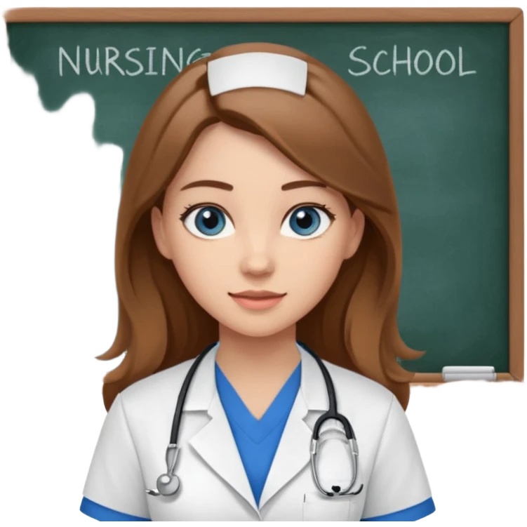 university classroom that says nursing school on the blackboard with a pretty female nursing student with long brown hair, blue eyes emoji