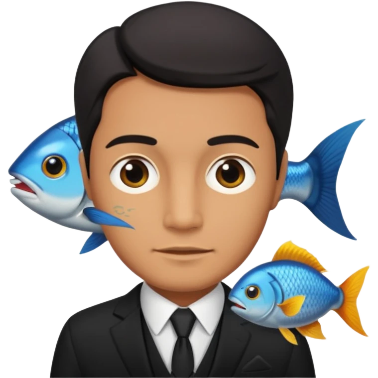 A man wearing nice black suite, and he has a fish head emoji
