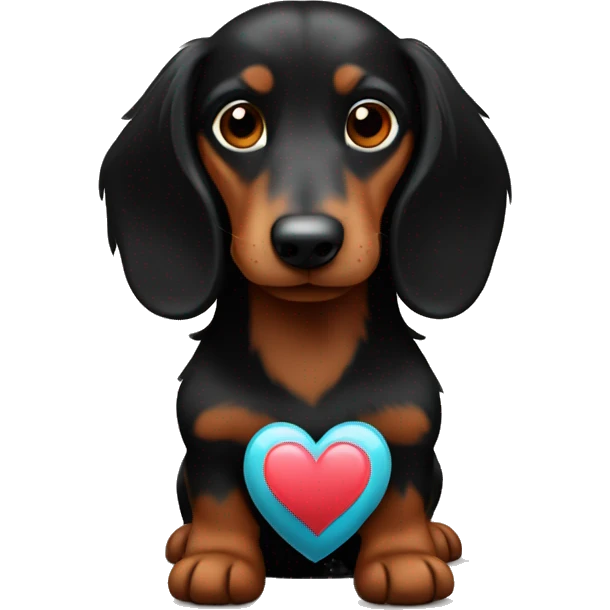 black and brown long haired daschund hugging a heart emoji