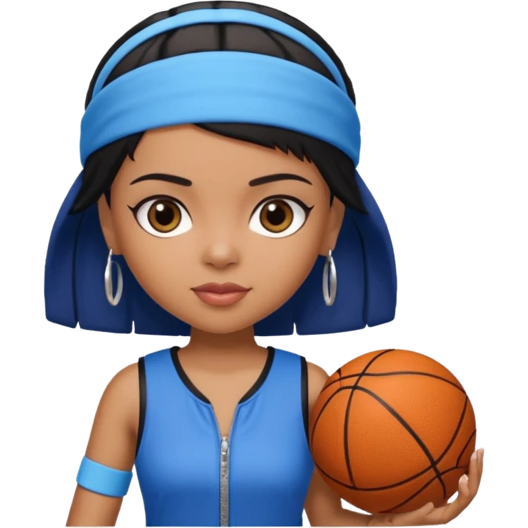 generate a pretty bratz that looks like Kajol.
 Wearing a blue zipper with short black bob cut hair and a matching blue headband. Carrying a basketball emoji
