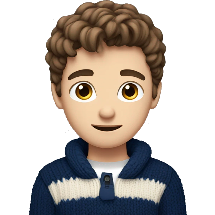 Teenage boy, wear a navy blue knitted sweared, blue eyes, brown hair emoji