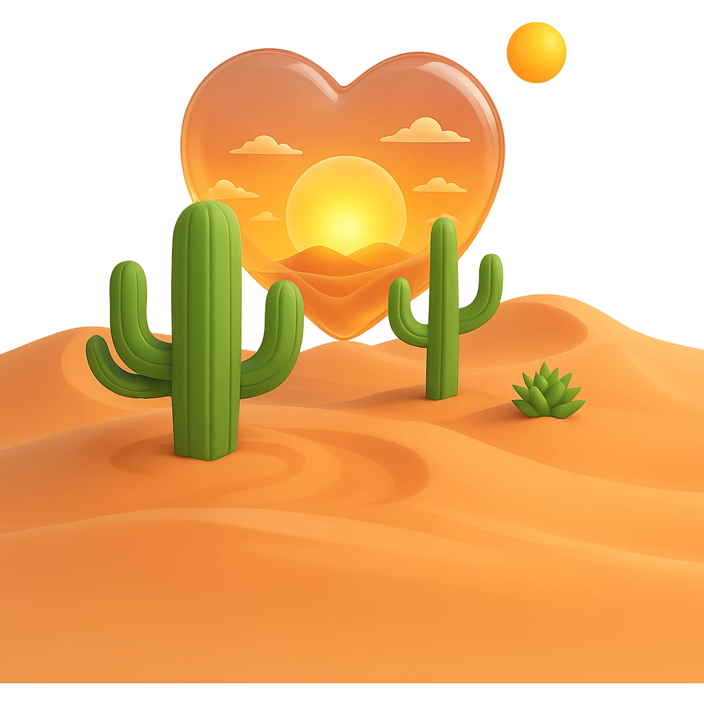 Add a sunset sky with orange and pink tones inside the heart, above the desert, maintaining the glassy transparent effect and no background. emoji