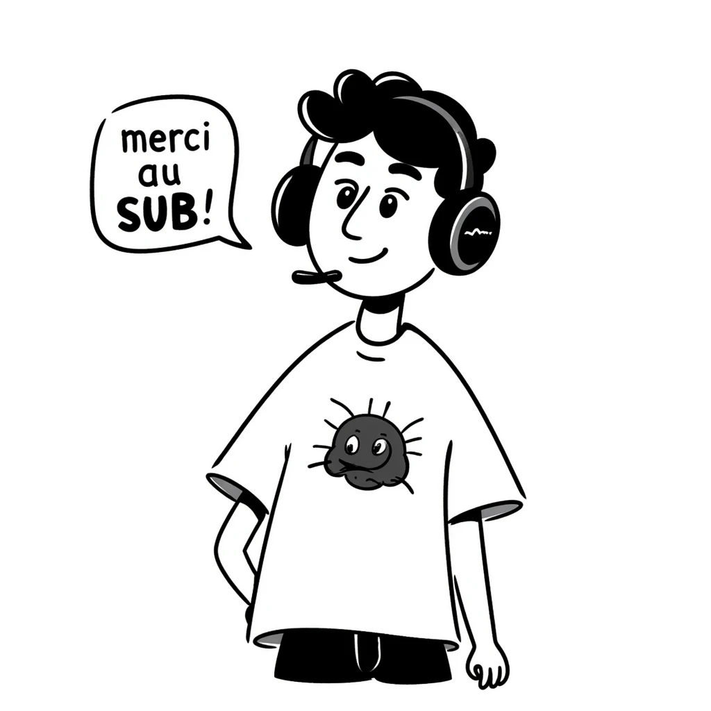 A smiling person with black hair, brown eyes, and a black beard wearing a gaming headset saying "merci au SUB" emoji