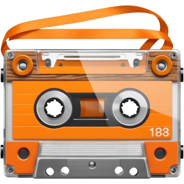 3D render of Cassette Tape, vintage 1980s audio equipment aesthetic, tactile analog buttons, transparent clear plastic with orange ribbon reels inside, mixed wood grain and brushed aluminum textures, Apple emoji style, isolated on white background --v 6.0 emoji
