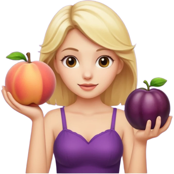 Blonde girl, holding up peach in one hand, eggplant in the other emoji