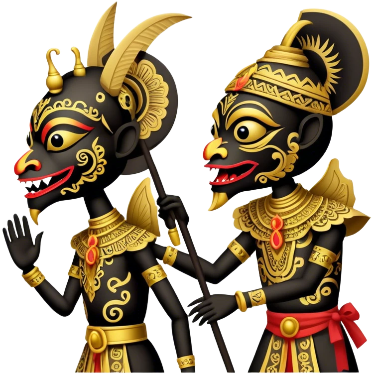 Wayang – Cinematic Realistic Wayang, depicted as intricately carved traditional Indonesian shadow puppets with expressive features and vibrant cultural motifs, set against a dark, dramatic backdrop with subtle glowing highlights that evoke the mystical art of shadow play. emoji