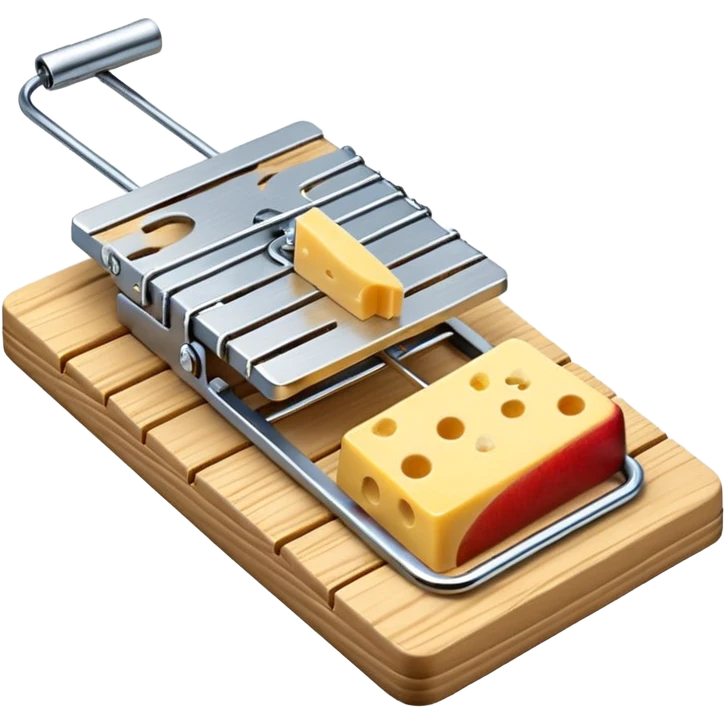 A 3D emoji in iOS emoji aesthetic style of a classic mousetrap with a wooden base and a metal spring mechanism, holding a small piece of yellow cheese, clean and detailed design, white background, glossy Apple-style rendering emoji