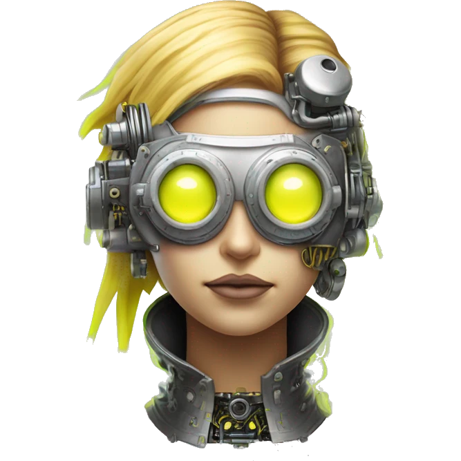 Caucasian female cyborg head with Neon yellow bobbed hair, silver steampunk goggles and circuits emoji