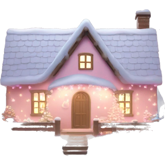 Snowy cottage with pretty light pink Christmas lights  emoji