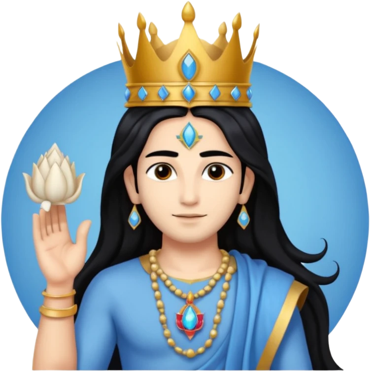 lord vishnu, shoulder length black hair, wearing crown, 2 hands each holding conch and chakra, blue color skin emoji