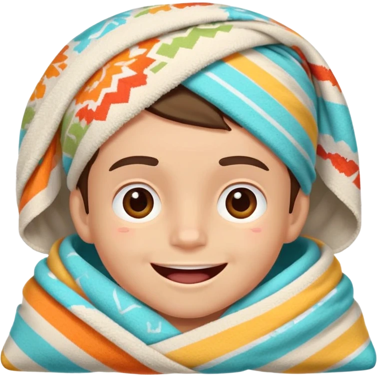 a boy The person is smiling slightly with their mouth partially open, and their face fills most of the frame. A towel or blanket with colorful patterns is draped over part of their head, suggesting they might be lying down or relaxing emoji
